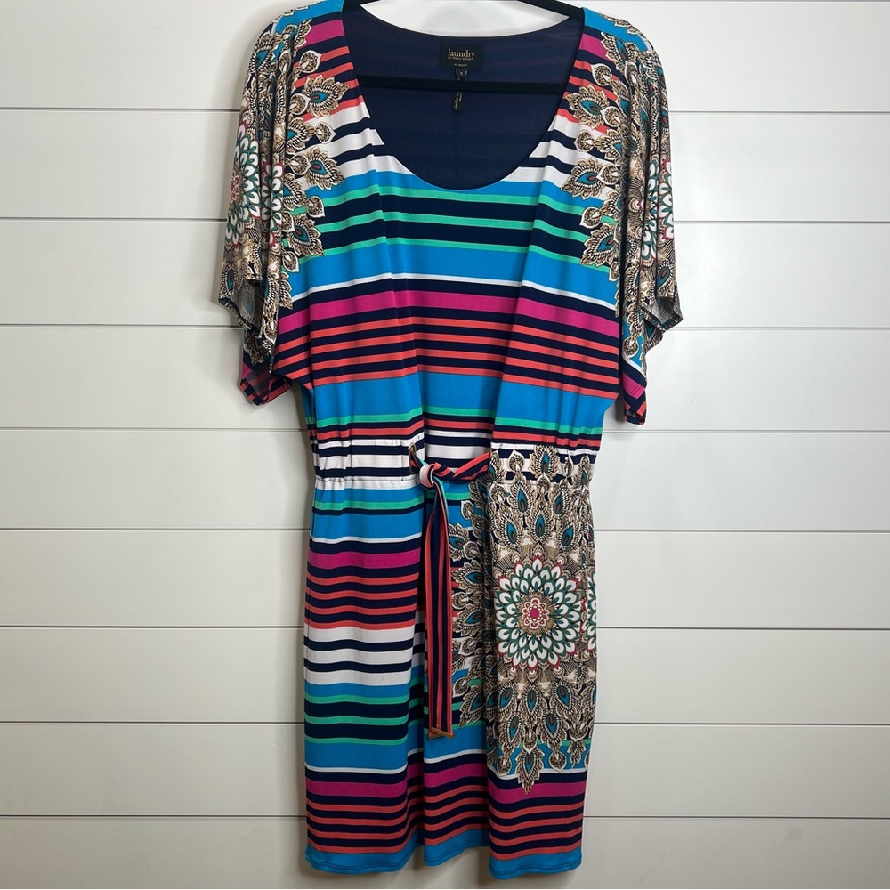 Laundry Shelli Segal Colorful Striped Lined Dress with Belt. Size Small.
